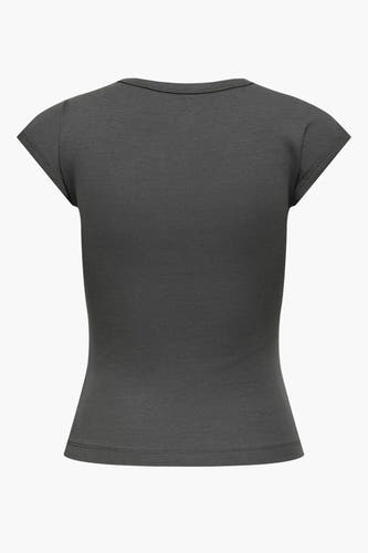 T-shirt gris à manches courtes de ONLY, en matériau côtelé avec une coupe ajustée, vue arrière.