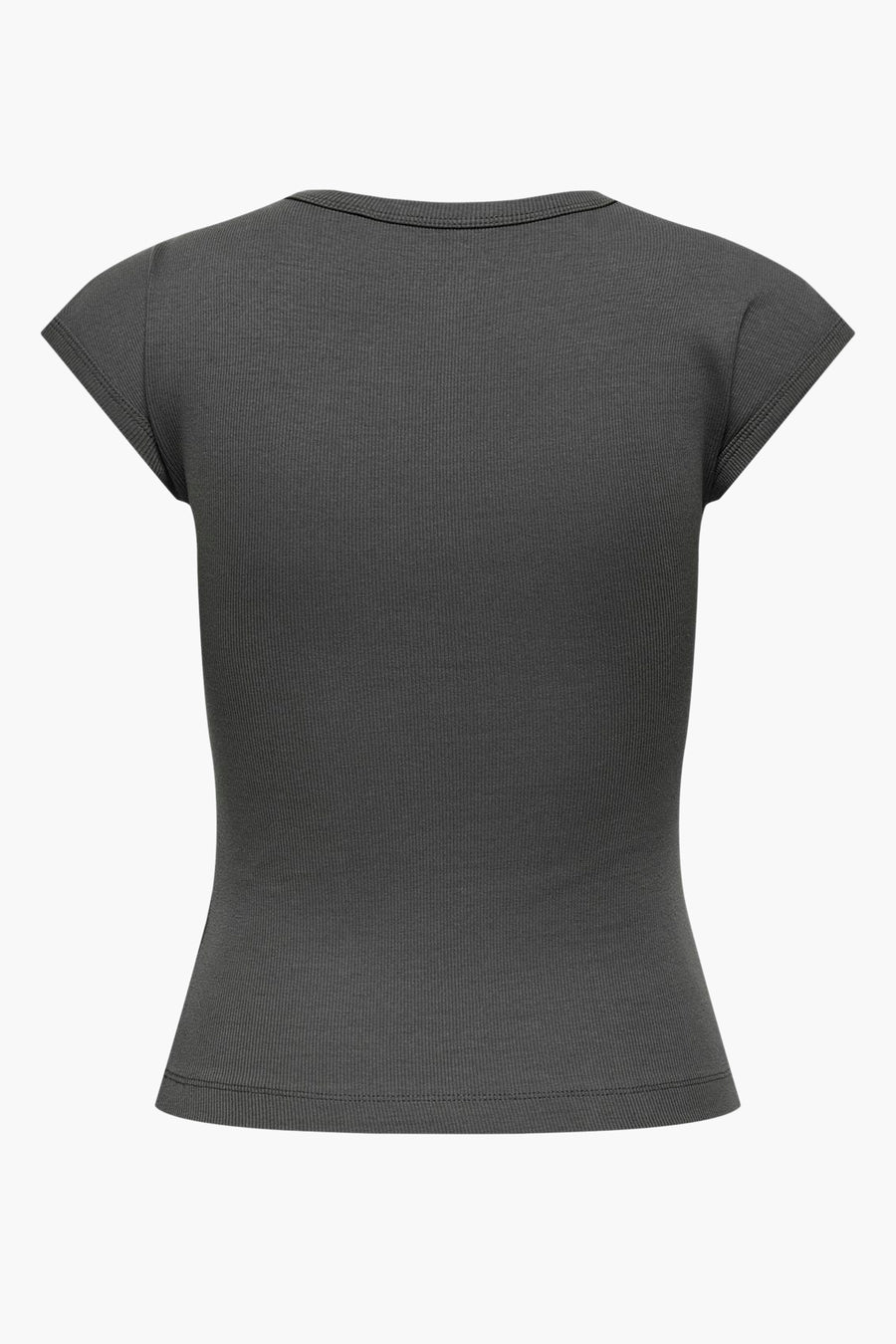 T-shirt gris à manches courtes de ONLY, en matériau côtelé avec une coupe ajustée, vue arrière.