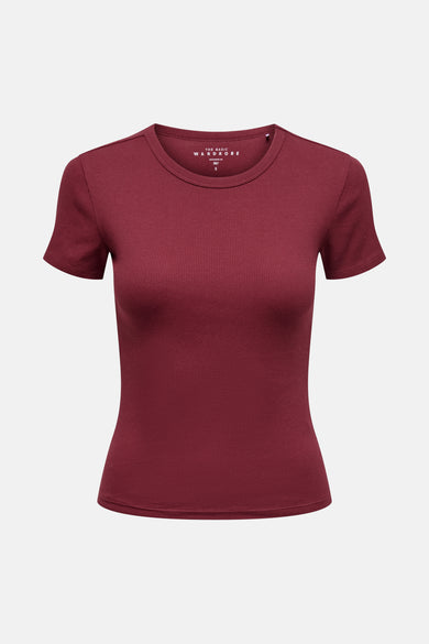 Bordeaux T-shirt met korte mouwen van ONLY, met een fijne ribtextuur.