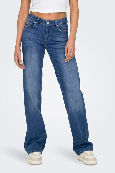 Blauwe straight jeans van ONLY, met een middelhoge tailleband en subtiele slijtageplekken.