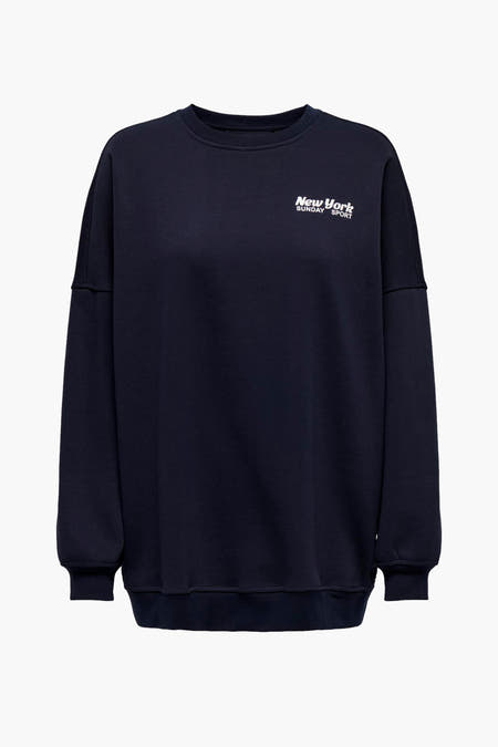 Blauwe sweater van ONLY® met witte "New York Sunday Sport" opdruk.