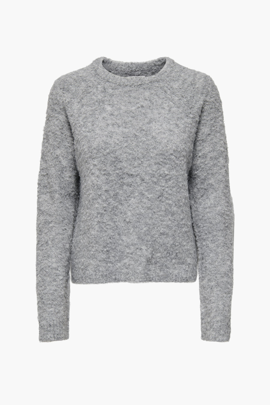 Sweat gris à col rond ONLY, avec une texture épaisse tr tricotée.