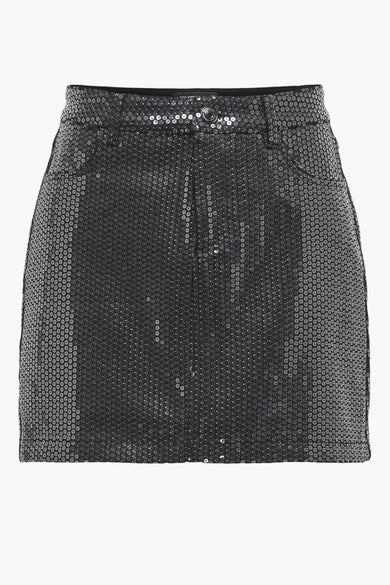 Zilverkleurige korte rok van ONLY, met pailletten over de gehele rok en een knoopsluiting.