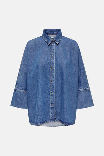 T-shirt en jeans de denim bleu d'ONLY, avec col boutonné et manches trois-quarts larges.