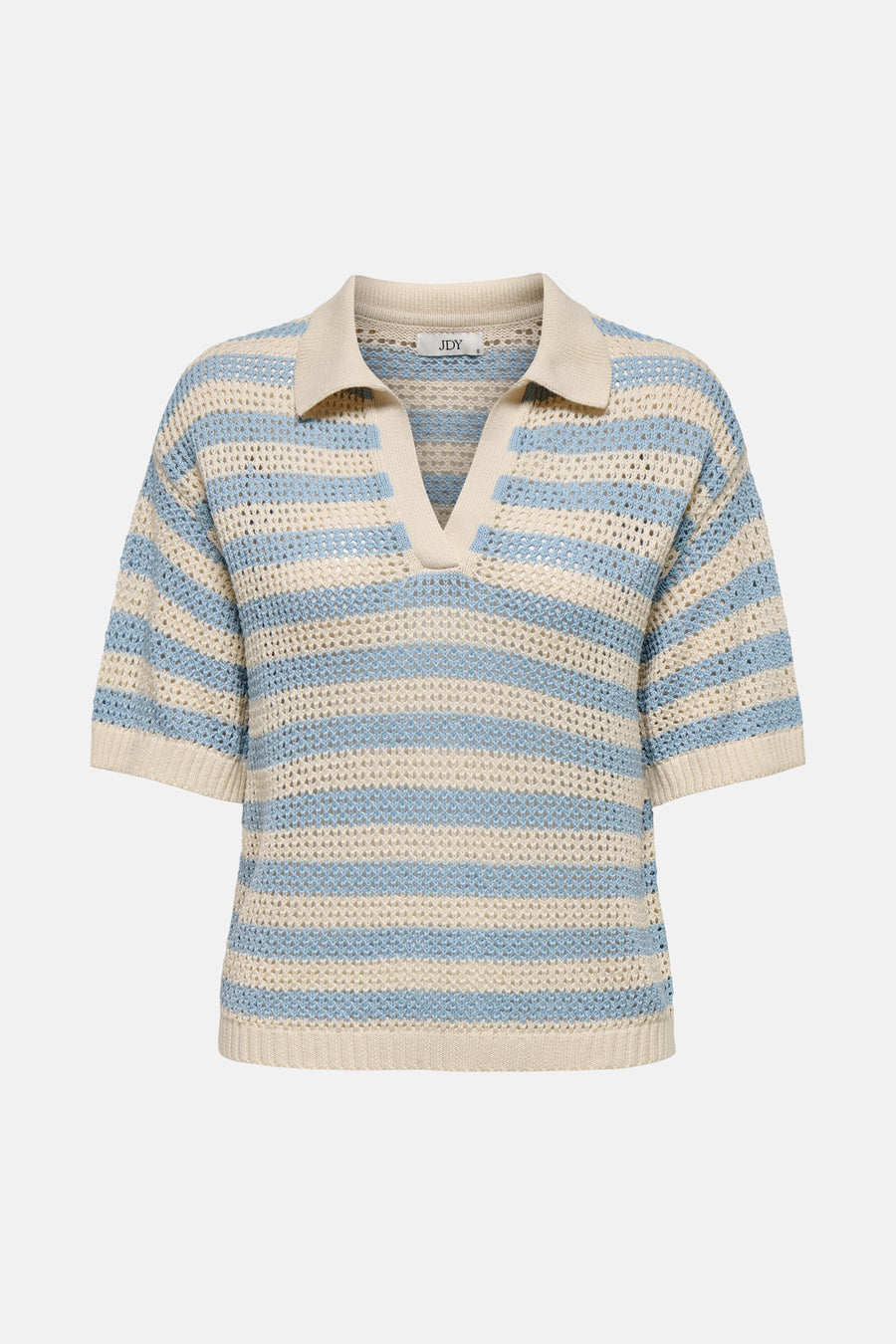 Polo rayé bleu de JDY, avec des manches courtes et une texture ouverte.