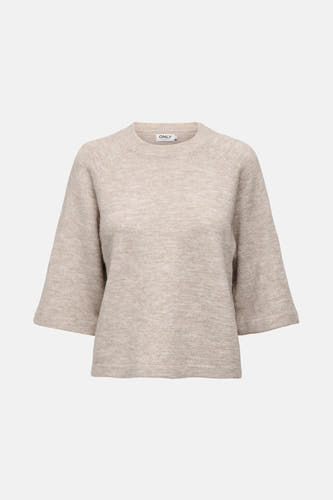 Gilet beige avec col rond de ONLY, à manches trois-quarts et en tissu finement tricoté.