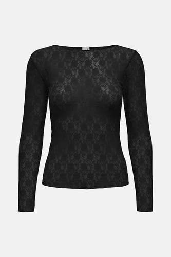 Zwart T-shirt met lange mouwen van ONLY®, met een kanten bloemenpatroon.
