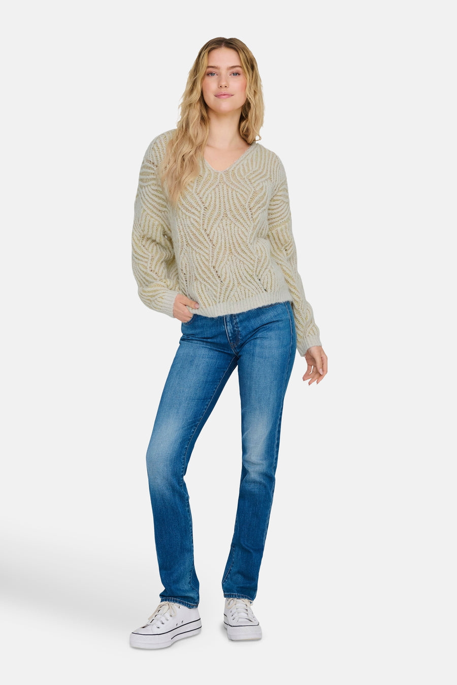 Pull à col en V - Beige - ONLY®