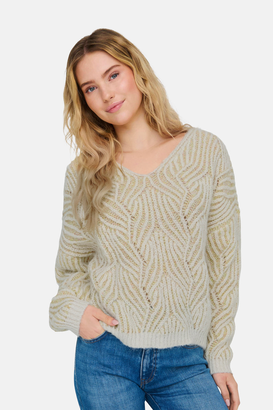 Pull à col en V - Beige - ONLY®