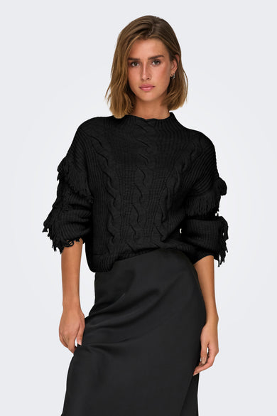 Pull noir avec col rond de ONLY, avec un motif côtelé et des détails frangés aux manches.