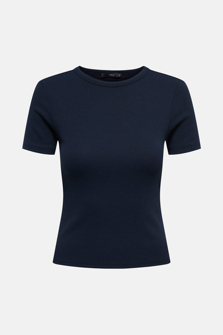 Marineblauwe geribbelde damestop met korte mouwen.