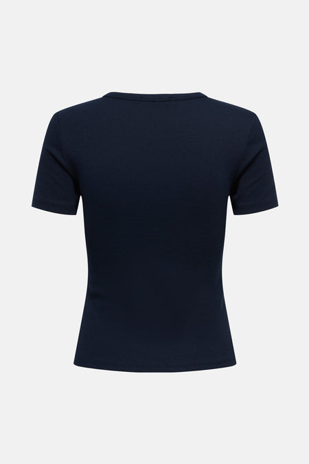 Donkerblauw, geribbelde dames T-shirt.
