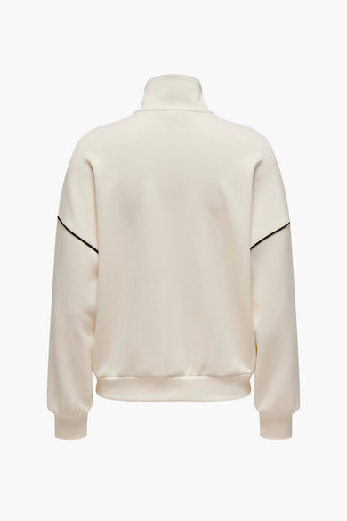 Beige gilet van ONLY, met zwarte accentstrepen op de mouwen, achterkant.