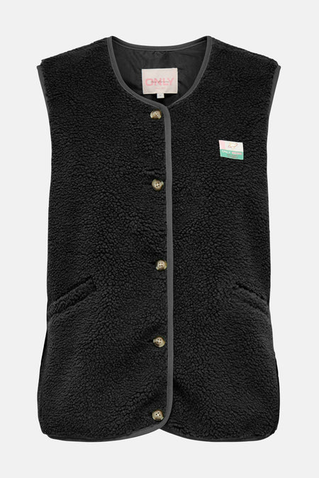 Zwarte bodywarmer van ONLY, met knoopsluiting en een geborduurde badge.