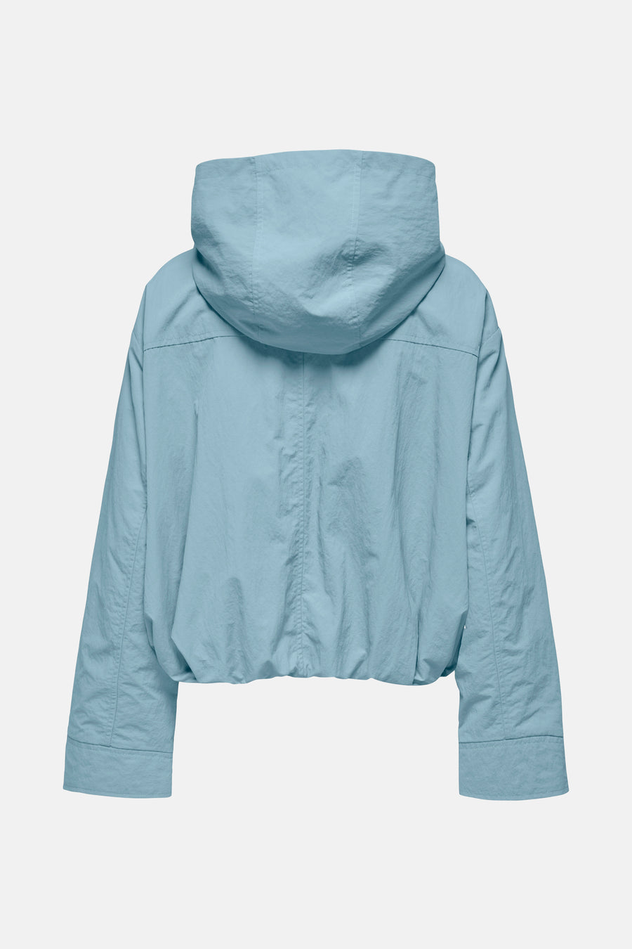 Lichtblauwe jas van ONLY®, met capuchon en lange mouwen, gezien van achteren.
