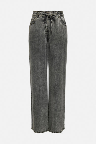 Grijze denim broek van ONLY, met trekkoord en wijde pijpen.