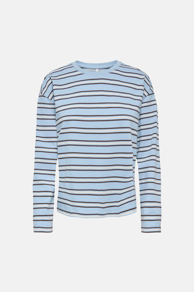 Blauw T-shirt met lange mouwen van ONLY, gestreept met bruine en witte lijnen.