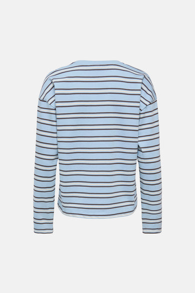 Blauw T-shirt met lange mouwen van ONLY, met horizontale strepen in blauw, wit en bruin.