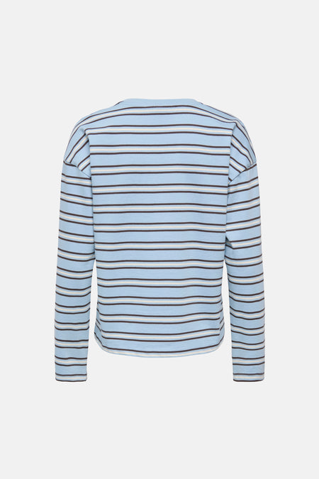 T-shirt à manches longues bleu de ONLY, avec des rayures horizontales bleues, blanches et marron.