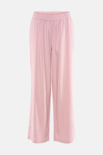 Roze broek van ONLY® met elastische tailleband en wijde pijpen, van voren gefotografeerd.