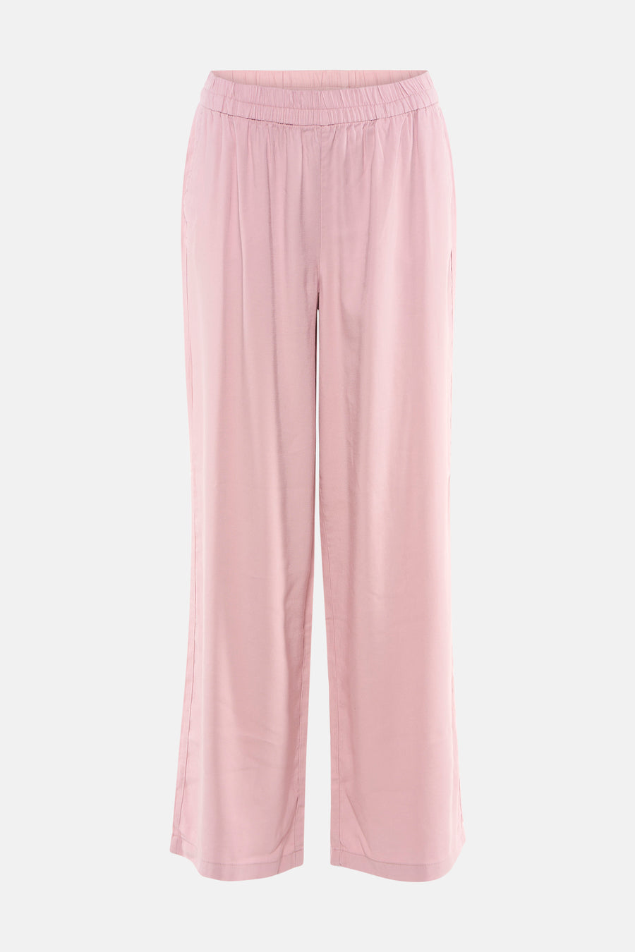 Roze broek van ONLY® met elastische tailleband en wijde pijpen, van voren gefotografeerd.