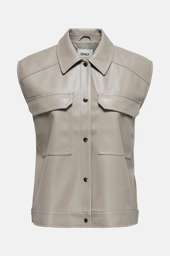 Beige leren jack van ONLY, met knoopsluiting en twee borstzakken.