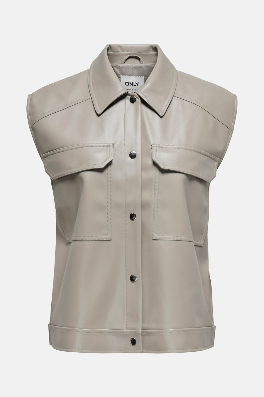 Beige leren jack van ONLY, met knoopsluiting en twee borstzakken.
