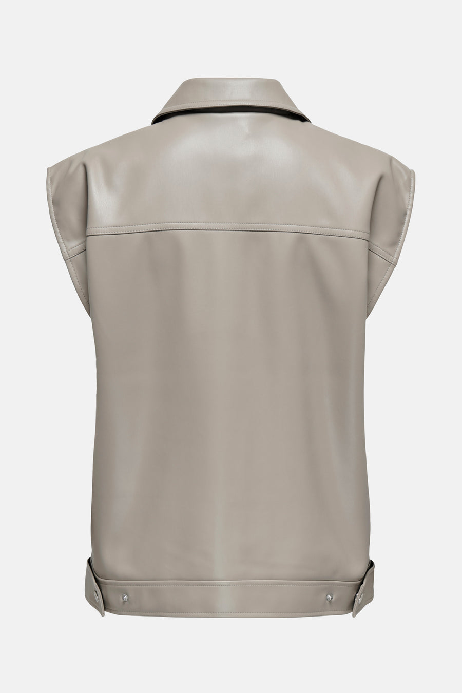Beige leren jas van ONLY met een kraag en details met drukknopen, achterkant.
