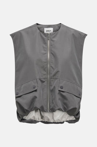 Grijze bodywarmer van ONLY, met zilverkleurige rits en zakken met knopen.