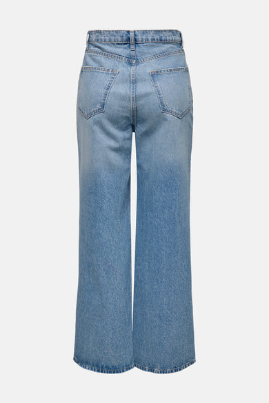 Blauwe denim jeans met wijde pijpen van ONLY, achterzijde weergegeven met achterzakken en riemlussen.
