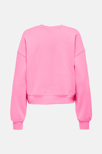 Roze sweatshirt, achterkant, ribgebreide boorden.
