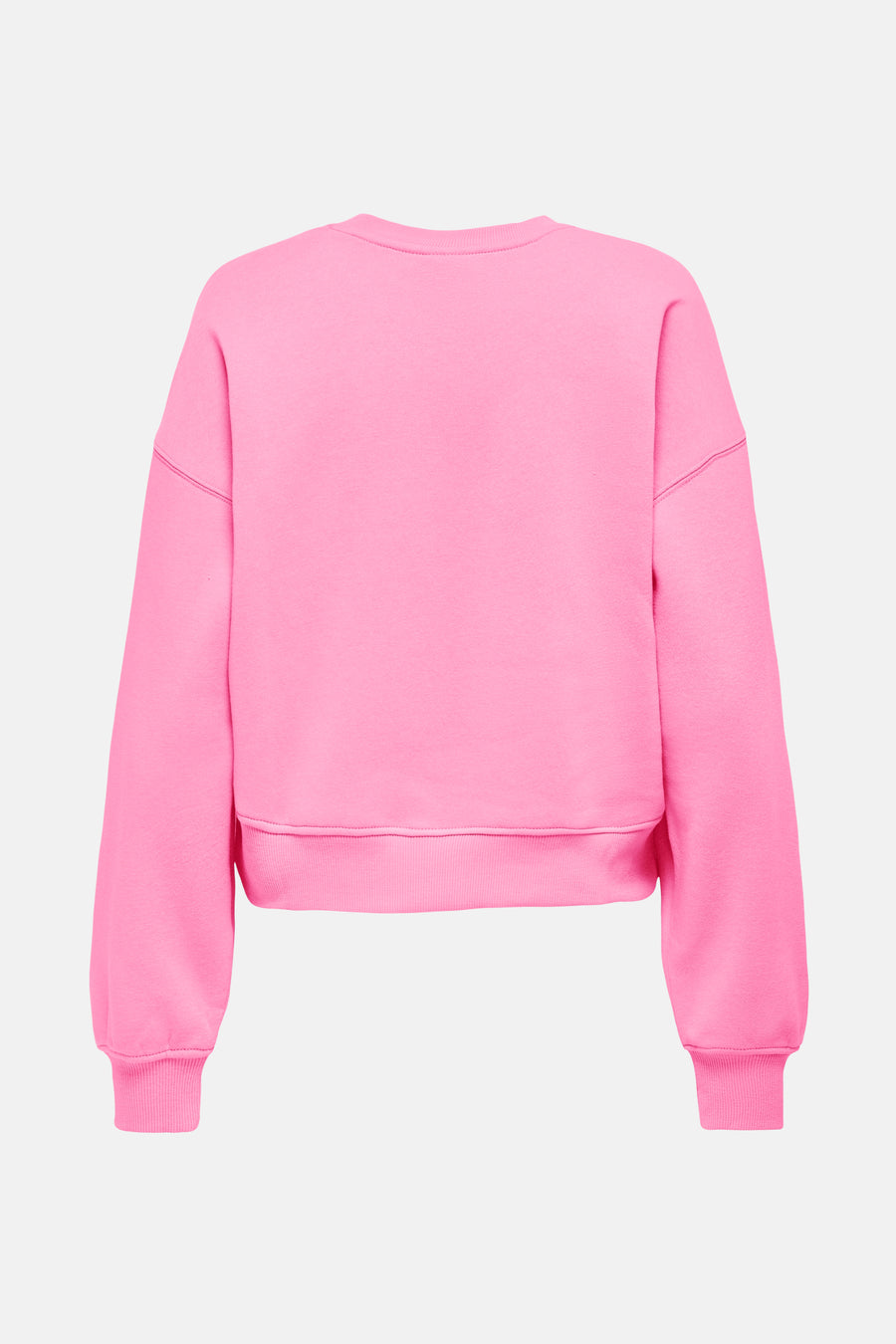 Roze sweatshirt, achterkant, ribgebreide boorden.
