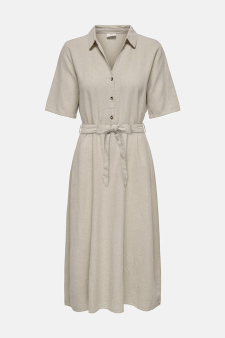 Beige kleedje met korte mouwen van JDY, met een kraag, knopen en een riem om de taille.