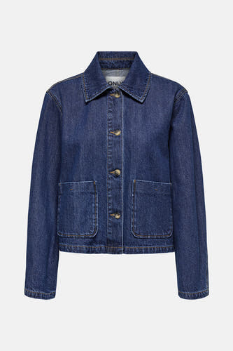 Donkerblauwe jeansjas van ONLY, met knoopsluiting en opgestikte zakken.