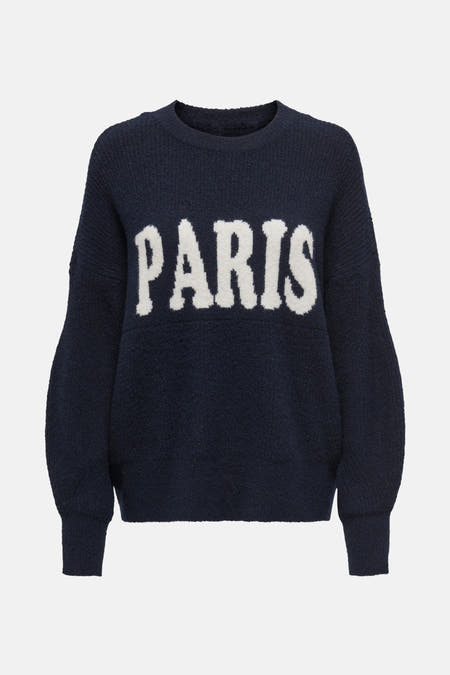 Blauwe trui met ronde hals van ONLY, met de tekst "PARIS" in witte letters.