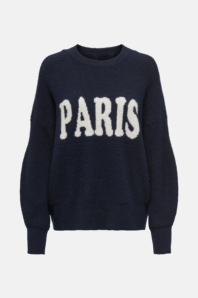T-shirt bleu avec col rond de ONLY, avec le texte "PARIS" en lettres blanches.