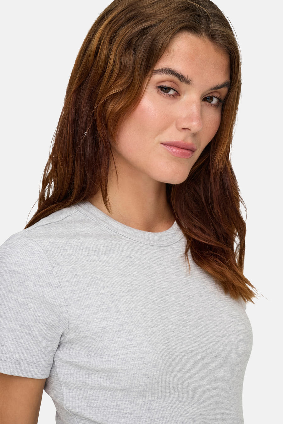 Grijs T-shirt met korte mouwen van ONLY, met geribbelde textuur en een effen kleur.