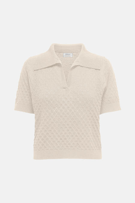 Ecru polo met korte mouwen van ONLY, met een gebreid ruitpatroon en korte mouwen.