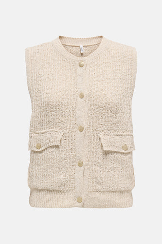 Ecru kleurig gilet van ONLY, met knoopsluiting en opgestikte zakken.