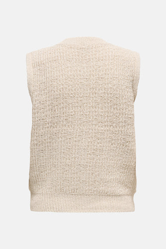 Ecru gilet van ONLY®, met een grove gebreide textuur en ribgebreide zoom, rug aanzicht.
