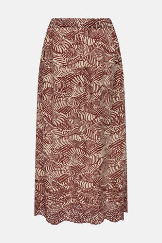 Lange bruine rok van ONLY, met bladerprint en kanten details aan de onderkant.
