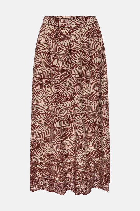 Jupe longue brune ONLY avec motif de feuille et détails bordés en bas.