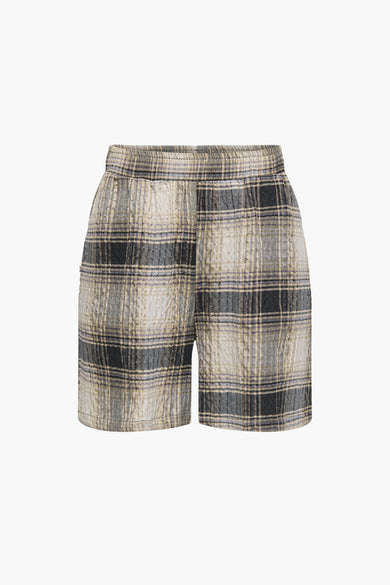 Blauwe short van JDY met een ruitpatroon en een elastische tailleband.

