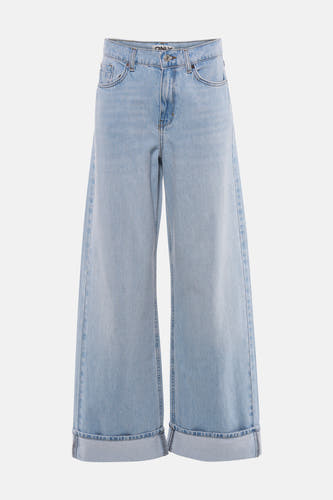 Lichtblauwe denim wide jeans van ONLY, met omgeslagen pijpen en zakken voor.
