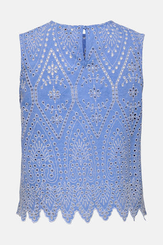 Blouse sans manches bleue d'ONLY, avec un motif ajouré et une fermeture à boutonnière à l'arrière.