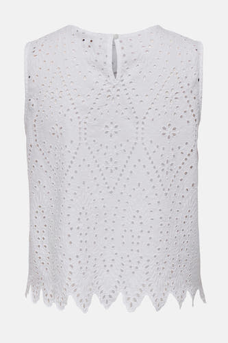 Blouse sans manches ONLY, en broderie anglaise et avec une fermeture à bouton-pression à l'arrière.