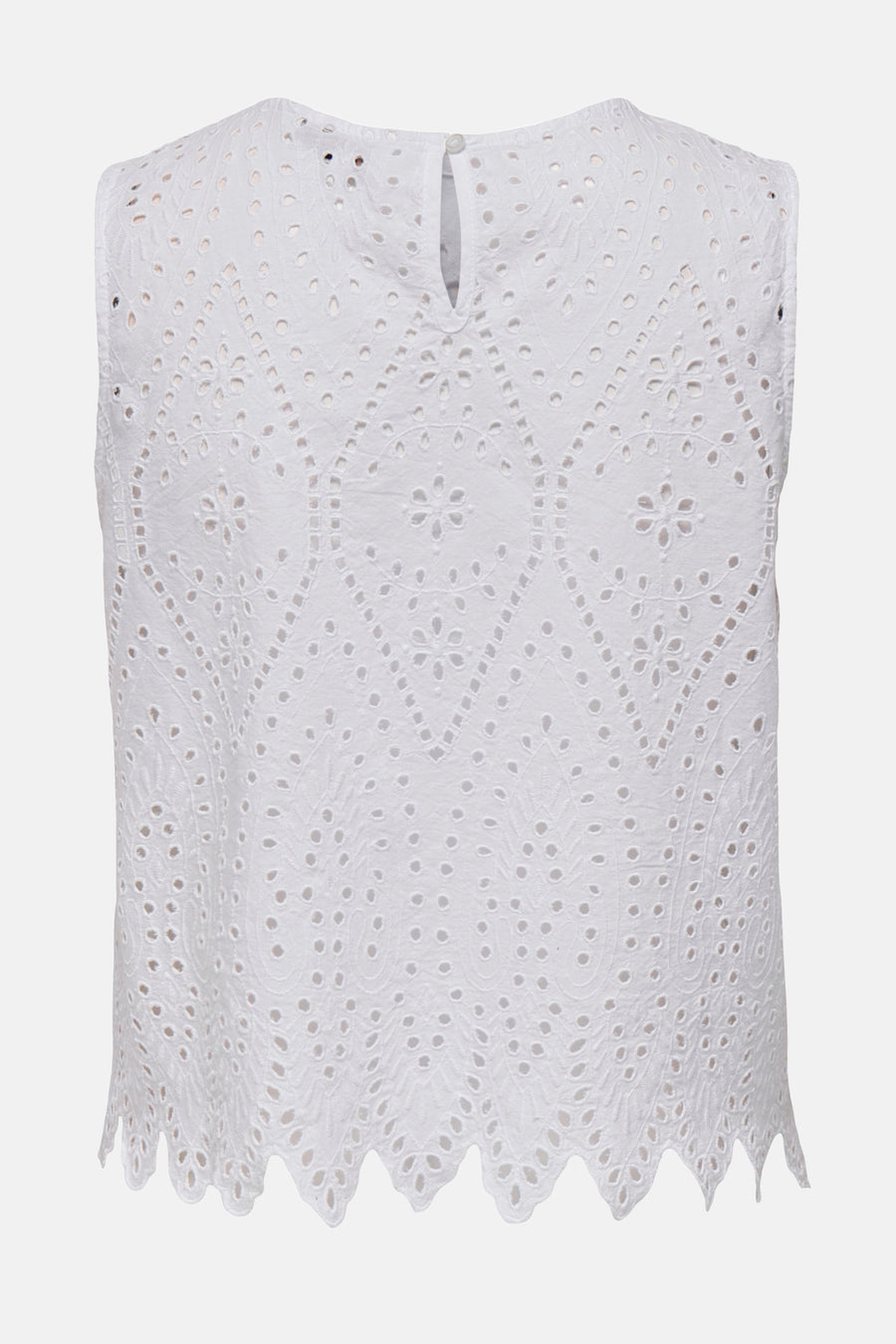 Blouse sans manches ONLY, en broderie anglaise et avec une fermeture à bouton-pression à l'arrière.