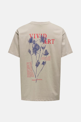 Beige T-shirt met korte mouwen van ONLY, met bloemenprint en tekst op de rug.

