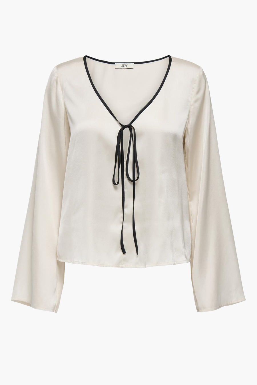 Witte blouse met lange mouwen van JDY, afgewerkt met een zwarte bies en strikdetail.
