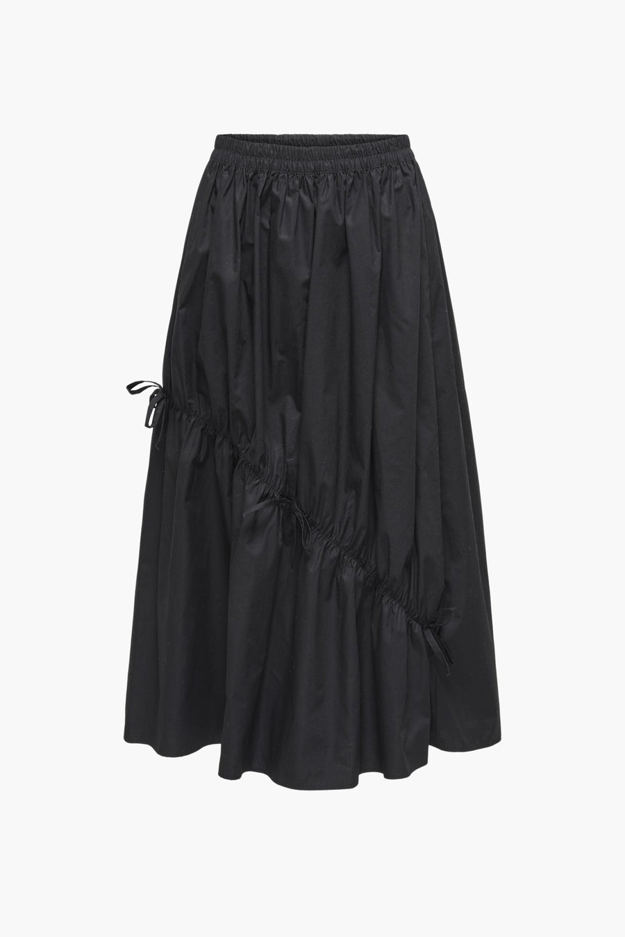 Zwarte rok van JDY, met elastische tailleband en decoratieve strikdetails aan de zijkant.